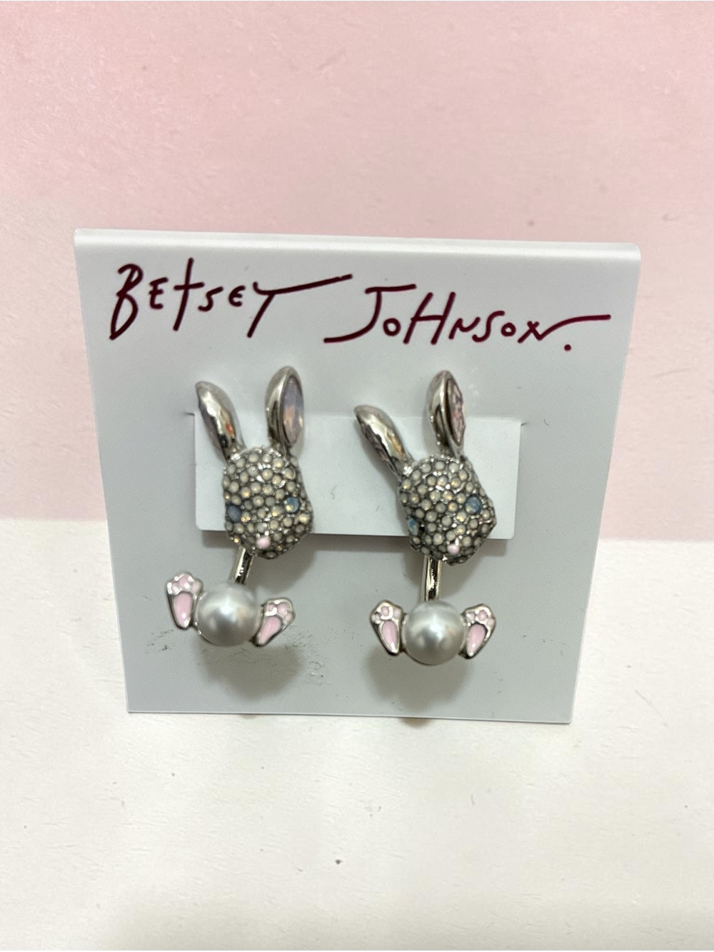 Betsey Johnson Silver Bunny Earrings with Pink Accents